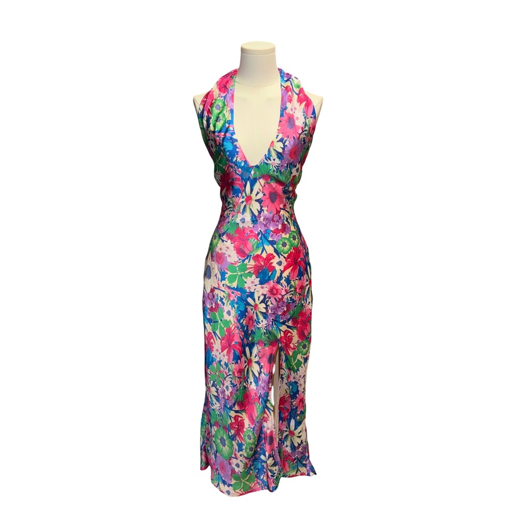 Lulus Floral Halter Maxi Dress Womens Large Multi Color Good Satin V-Neck Slit